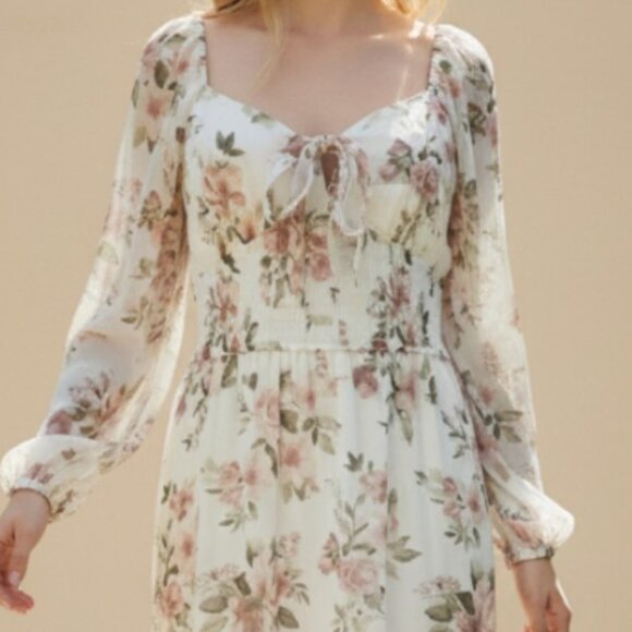 Boho Floral Print Maxi Dress Long Sleeve Square Neck Flowy Wedding Chiffon Gown - Picture 4 of 8